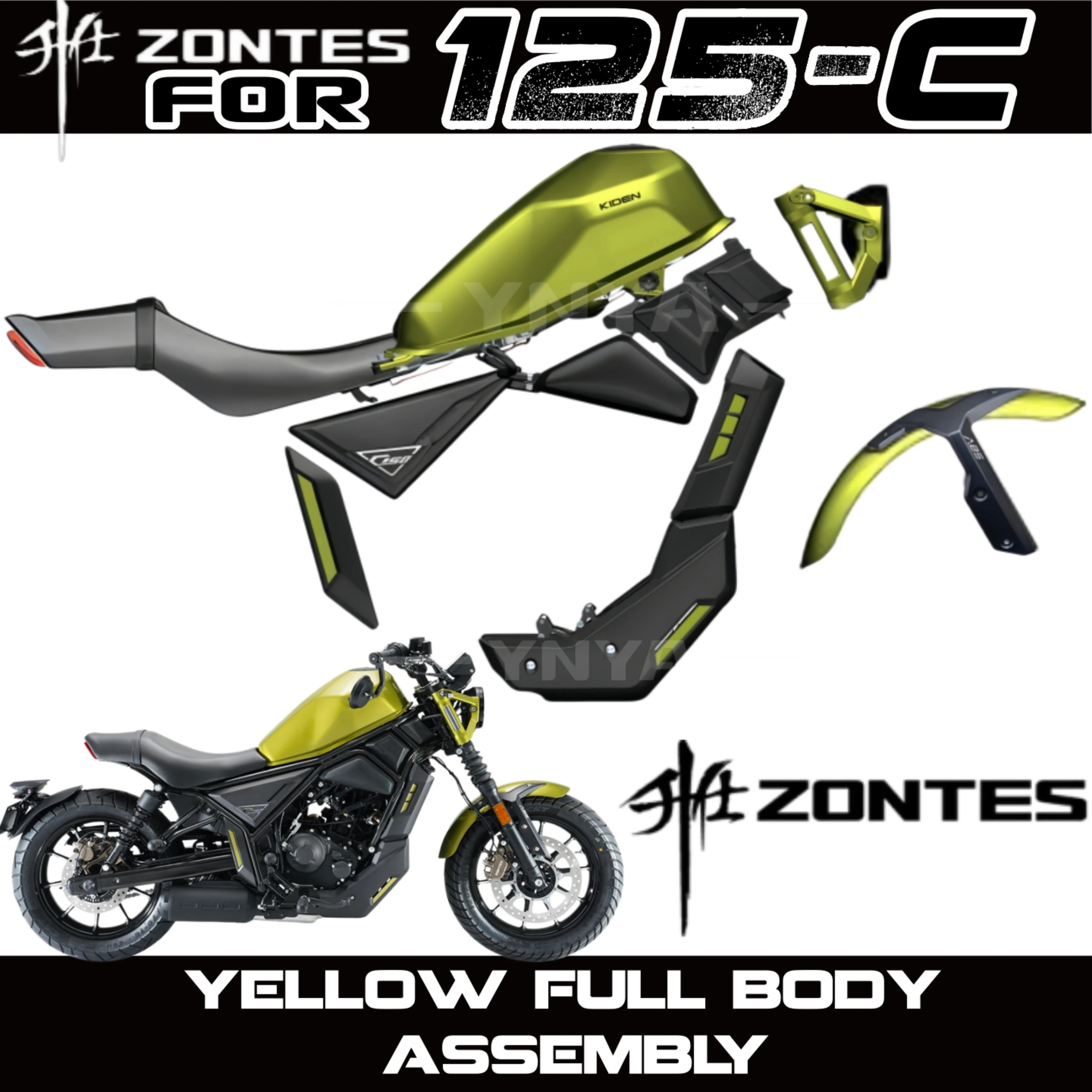 FOR ZONTES 125C/C2 (Yellow): Front fender lower fairing, panel trim cover, headlights, turn signals, left and right brackets.