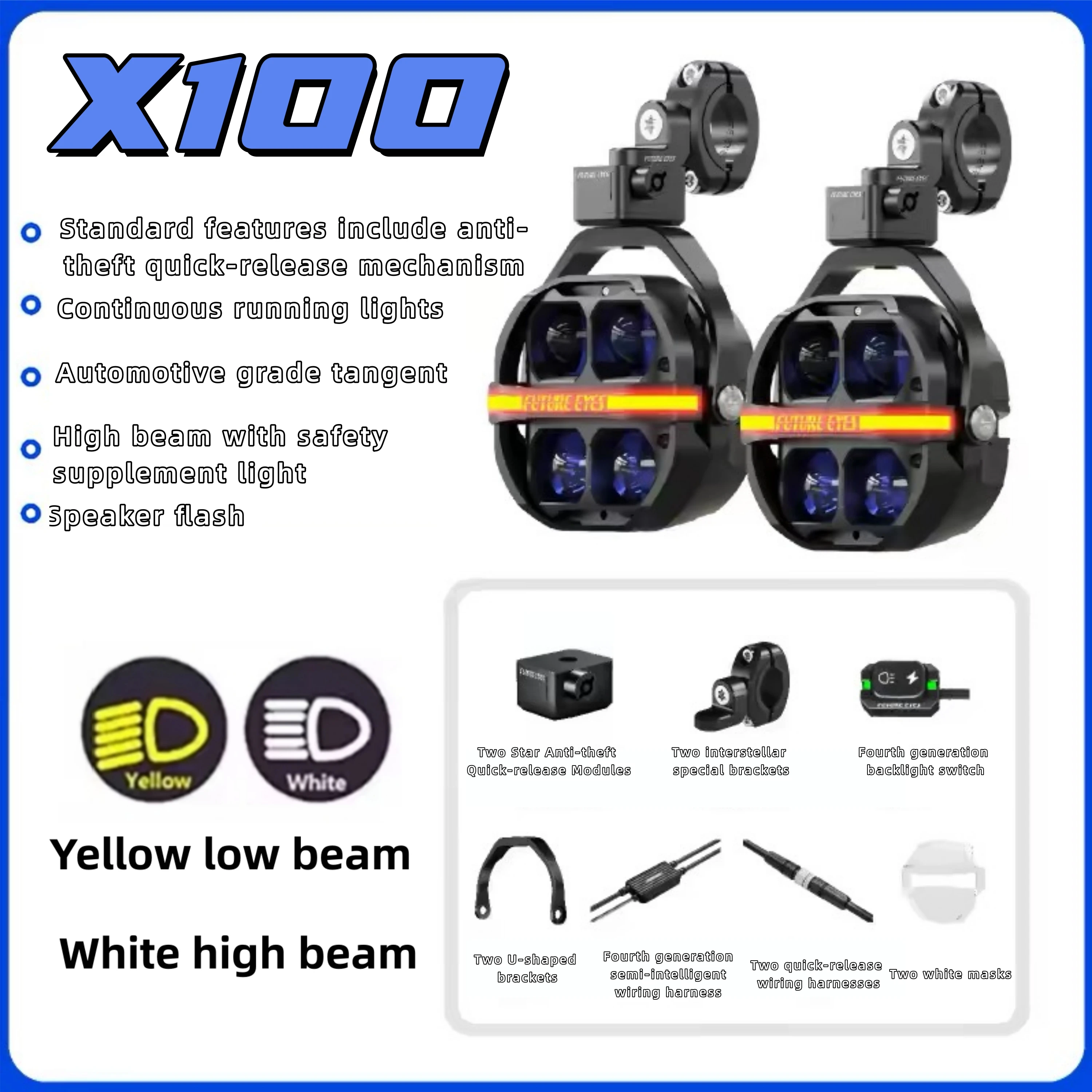 FUTURE EYES X100 Motorcycle LED Spotlights: Quick-release, Road Surface Lighting, High and Low Beam Cutoff, High Brightness - Image 4
