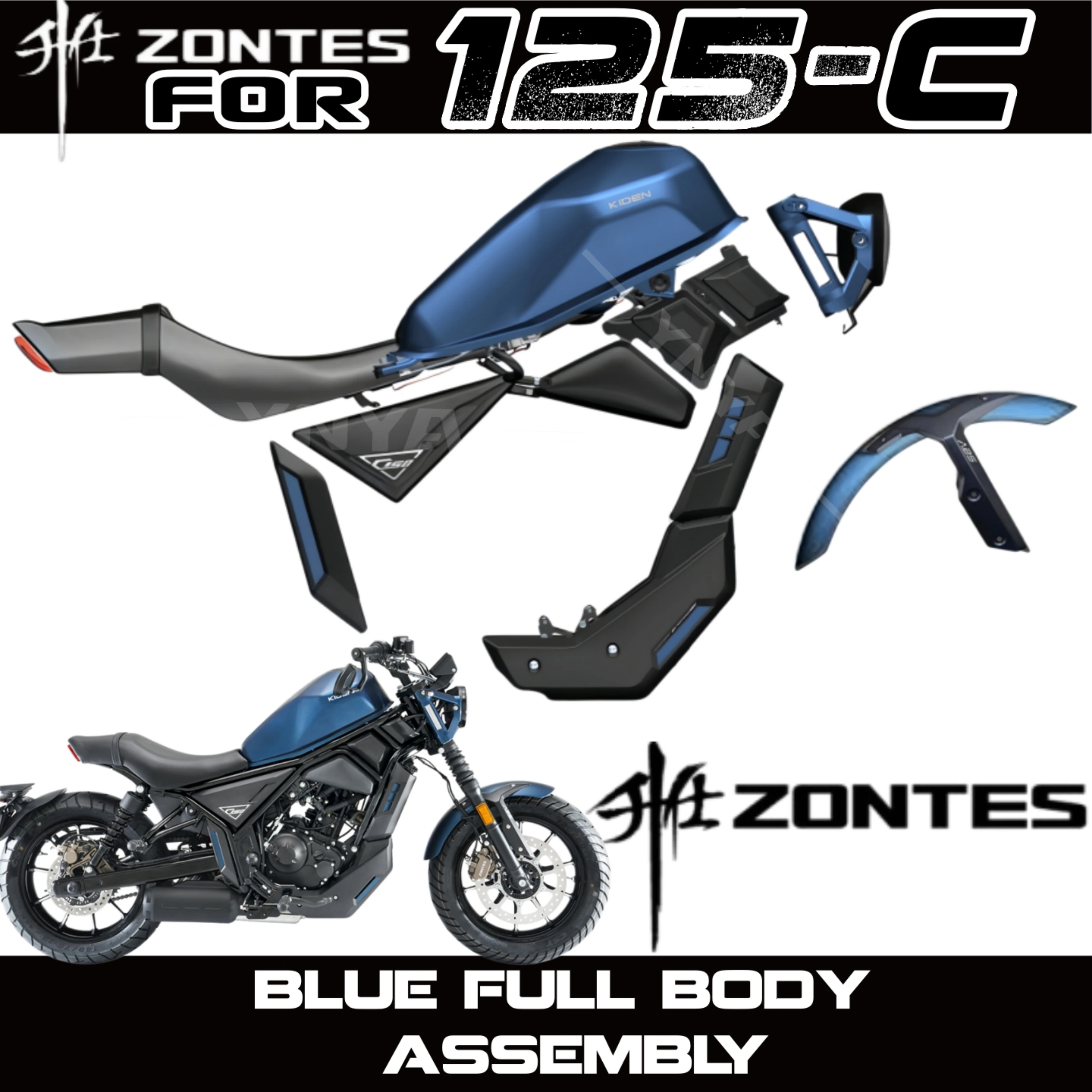 FOR ZONTES 125C/C2 (Blue): Front fender lower fairing, panel trim cover, headlights, turn signals, left and right brackets.